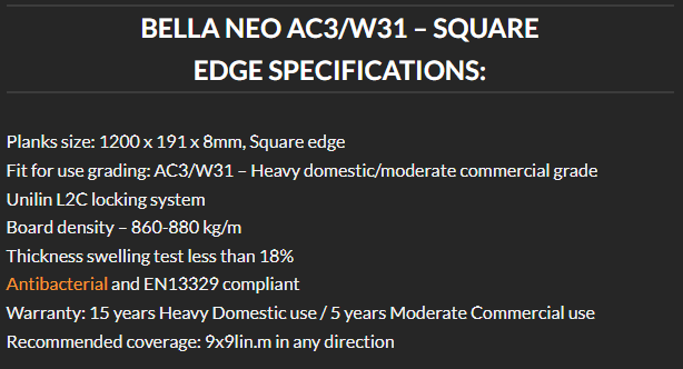 AGT Bella NEO Gardenia AC3/W31, 8mm – (Square Edge) Panel size: 1200 x 193 x 8mm 2.292m²/box