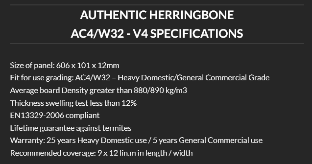 HERRINGBONE White – Authentic Herringbone, AC4/W32-V4, 12mm (4-sided V Groove) Panel size 606 x 101 x 12mm 2.20m²/box