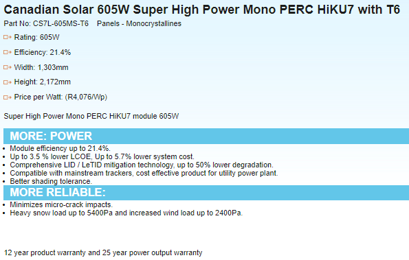 Canadian Solar 605W Super High Power Mono PERC HiKU7 with T6