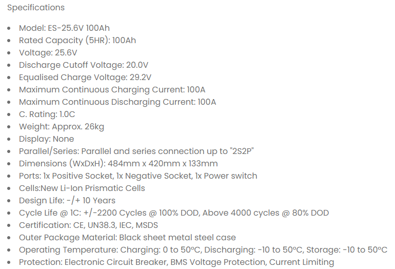 ESENER Lithium Battery 25.6v 100ah 2.56Kwh (Box of 10 units).