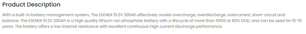 Esener 51.2v 10.24Kwh 200Ah Lithium Battery (Box of 5 units).