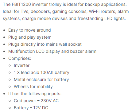 FBIT 1200 - 720W/1200VA Inverter with Trolley Modified Sinewave.