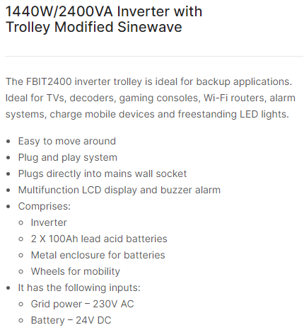 FBIT2400 1440W/2400VA Inverter with Trolley Modified Sinewave.