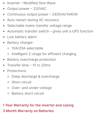 FBIT2400 1440W/2400VA Inverter with Trolley Modified Sinewave.