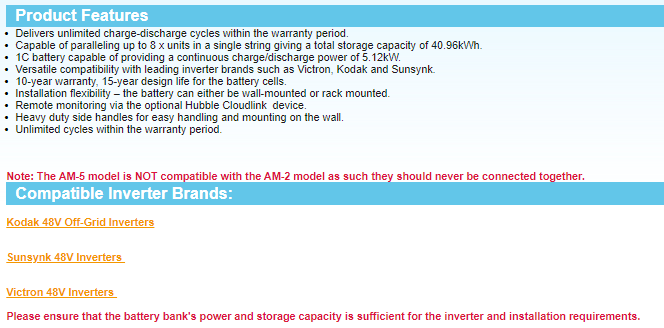 Hubble Lithium AM-5 5.12kWh 51.2V Battery