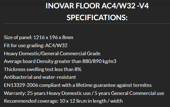 INOVAR FLOOR  Caledon AC4W32 -V4, 8mm – (4-sided V Groove) Panel size 1.216 x 196 x 8mm 1.91m²/box.