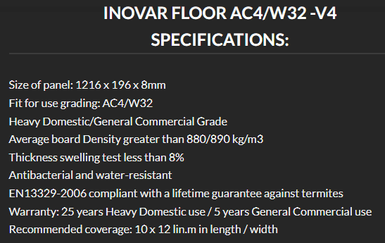 INOVAR FLOOR Limpopo AC4W32 -V4, 8mm – (4-sided V Groove) Panel size 1.216 x 196 x 8mm 1.91m²/box.