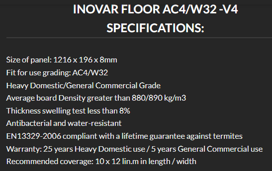 INOVAR FLOOR Storm  AC4W32 -V4, 8mm – (4-sided V Groove) Panel size 1.216 x 196 x 8mm 1.91m²/box.