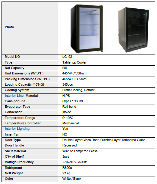 LG-92 Queens Counter Top Single Glass door Chiller 90L