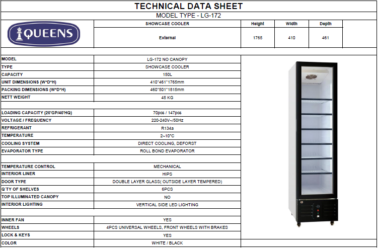 LG-172 Queens Upright Single Glass door Chiller 150L