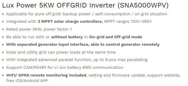 Lux Power 5KW OFFGRID Inverter (SNA5000WPV)