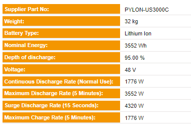 Pylon US3000C 3.5kWh Li-Ion Solar Battery (excl. brackets)