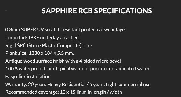 Sapphire Panel Rigid Core Board SPC, 5.5mm x 1230mm x 184mm, 0.3mm Super UV wear layer, Antique wood surface finish with a 4-sided micro bevel – 1.810m²