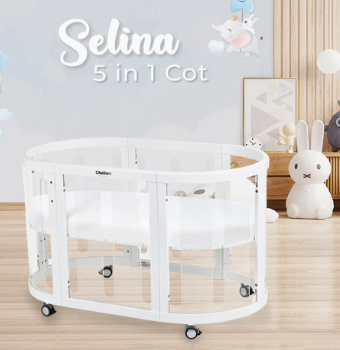 Selina 5 in 1 Cot White with 3pcs mattress and fitted sheets