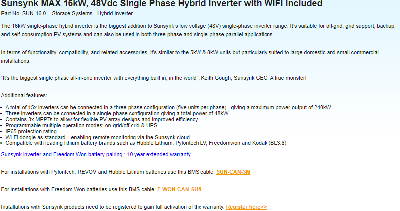 Sunsynk MAX 16kW, 48Vdc Single Phase Hybrid Inverter with WIFI included Part No: SUN-16.0