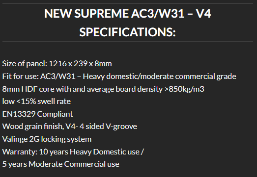 Supreme Laminate Asphalt AC3/W31-V4, 8mm – (4-sided V Groove) Panel size: 1.216 x 239 x 8mm 2.32m²/box.