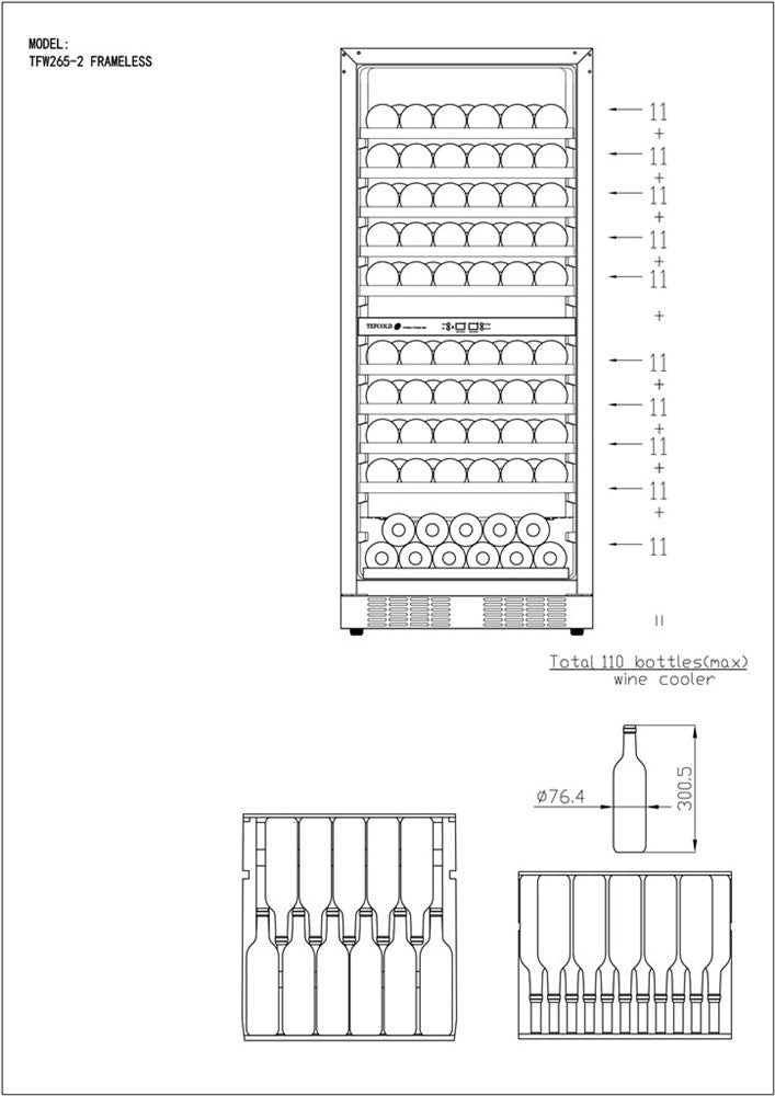 TEFCOLD TFW265-2F FRAMELESS GLASS DOOR WINE COOLER (DUAL ZONE , 110 BOTTLE)